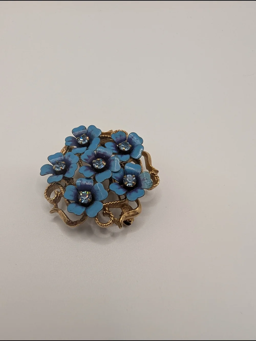 Avon Blue Enamel Floral Brooch with Gold Tone Accents